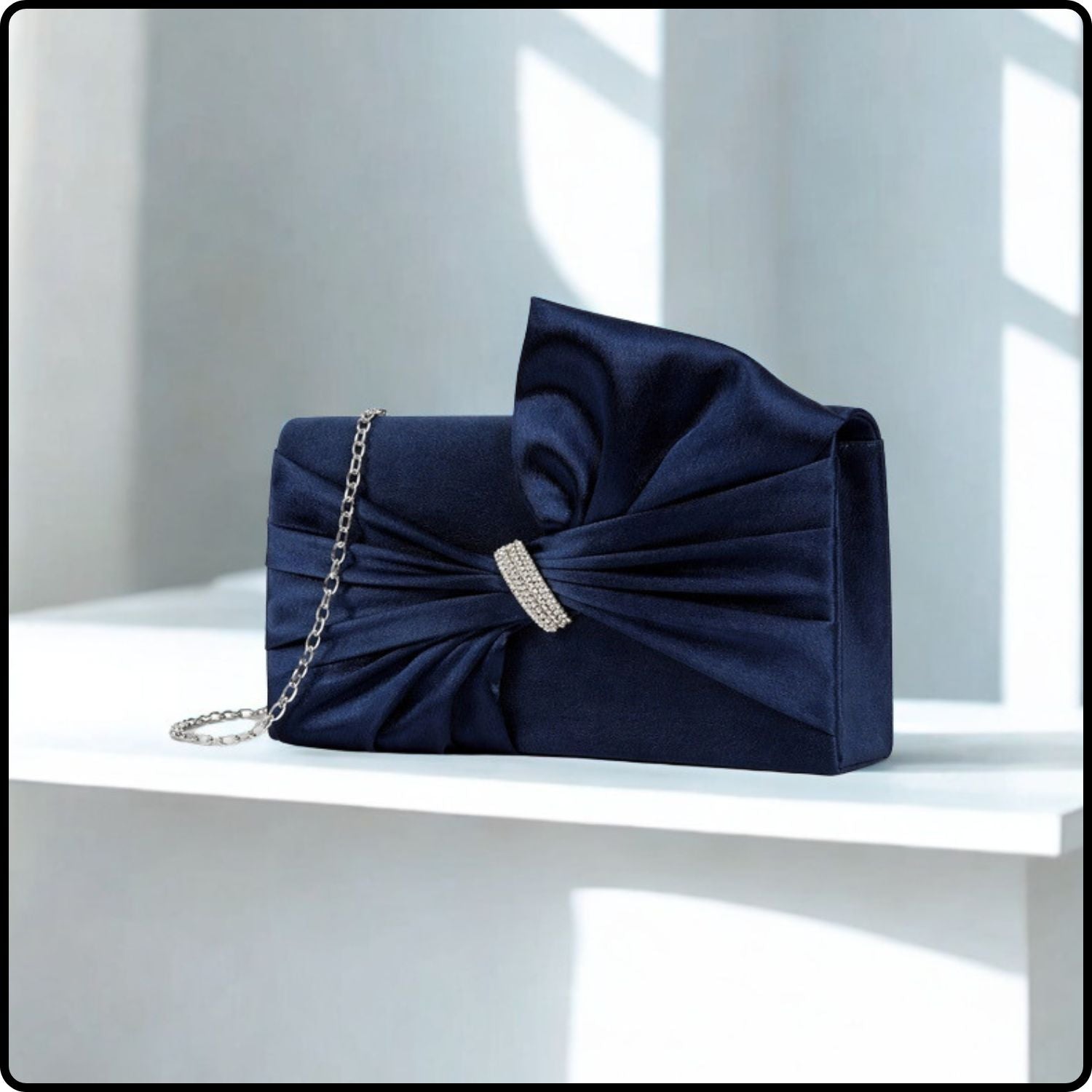 Pleated Knot Accent Clutch Bag with Chain Strap-KD-NAVY
