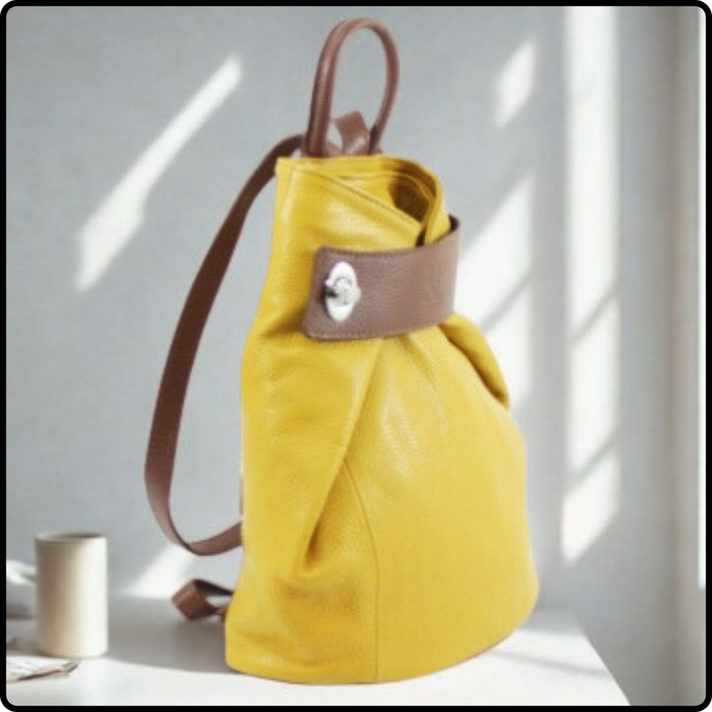 Large Pebbled Leather Lock Closure Backpack - VPR248-YELLOW/TAN