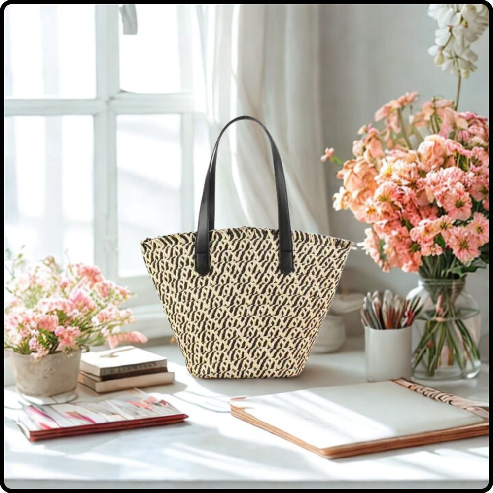 Straw Two Tone Basket Bag-SBB-Black