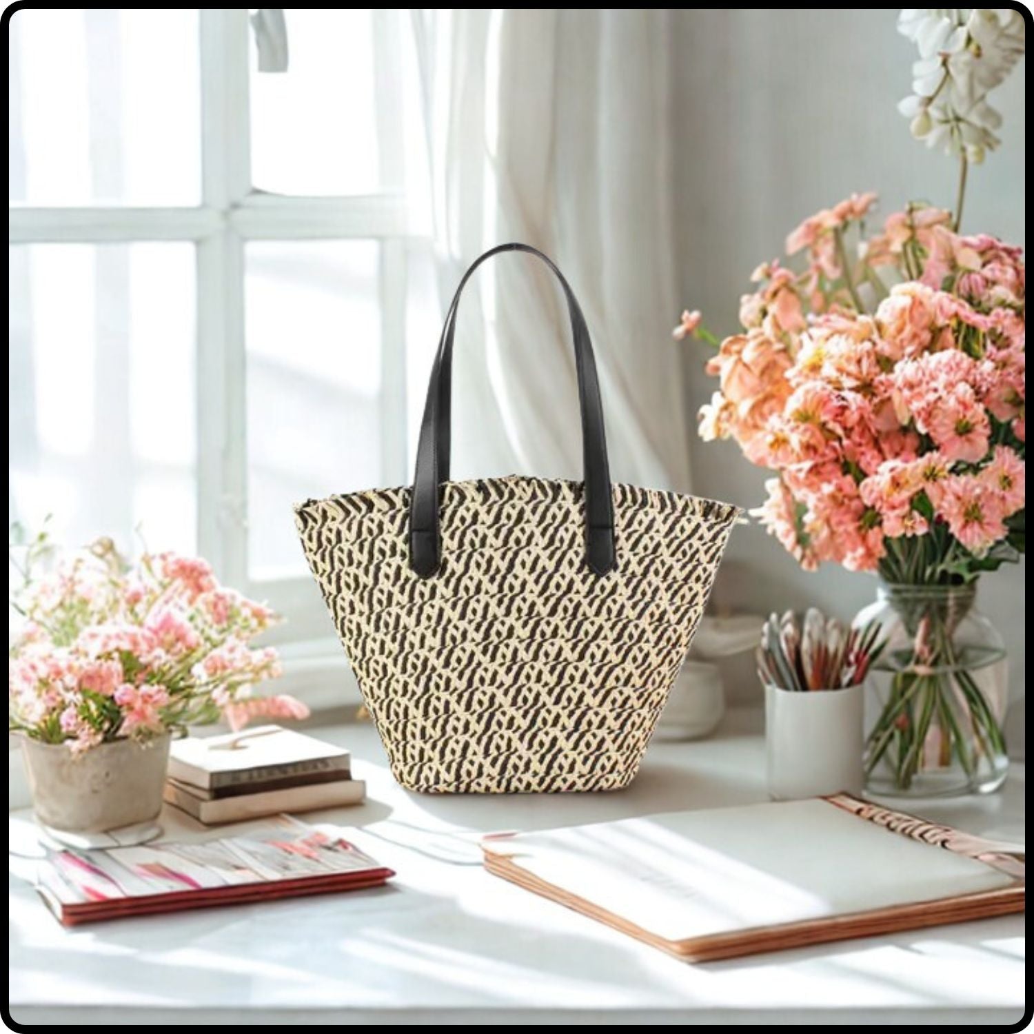 Straw Two Tone Basket Bag-SBB-Black