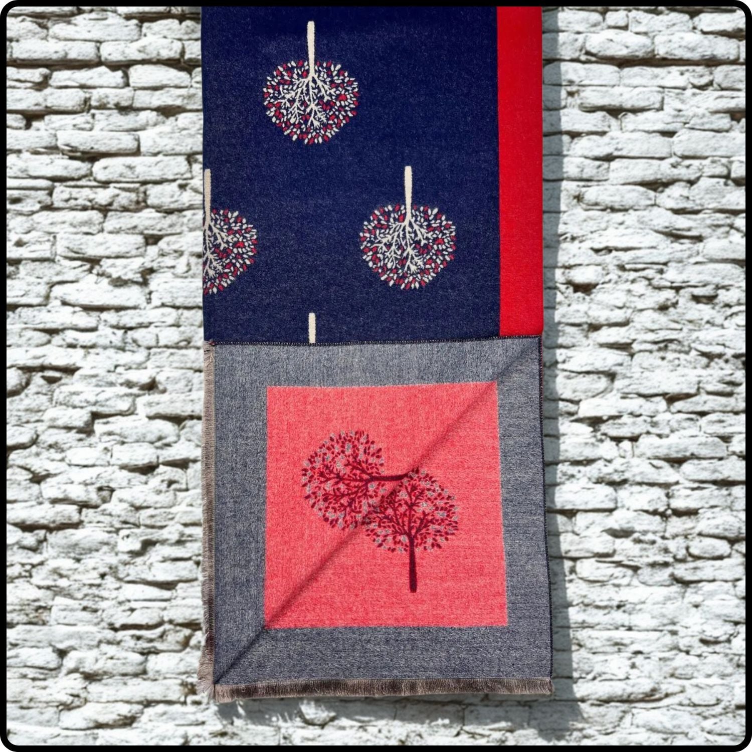 Tree of life print scarf on cashmere mix with tassels in burgundy/navy-SCTB