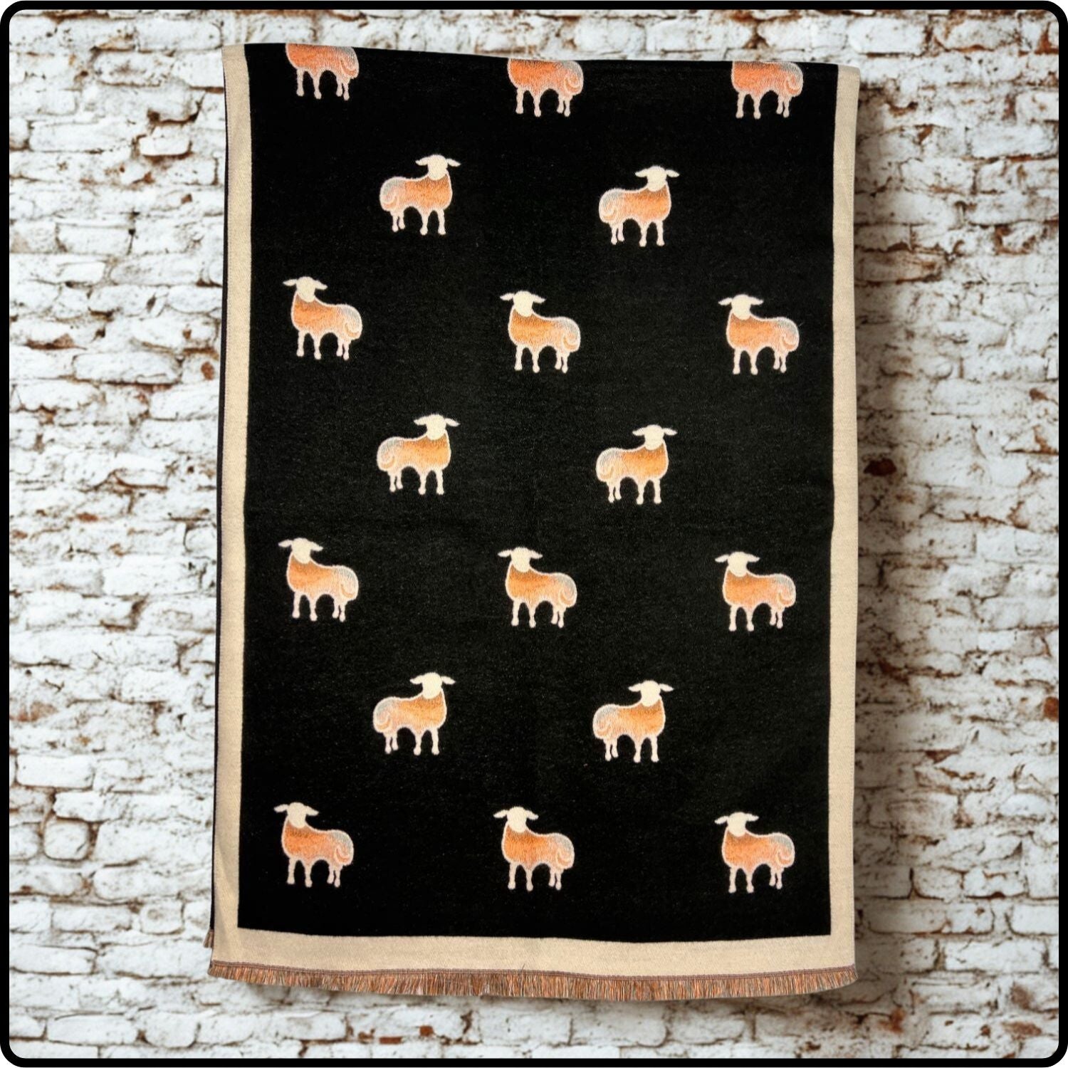 Sheep Print on Cashmere Blend Scarf with Fringes in Black-SPCB