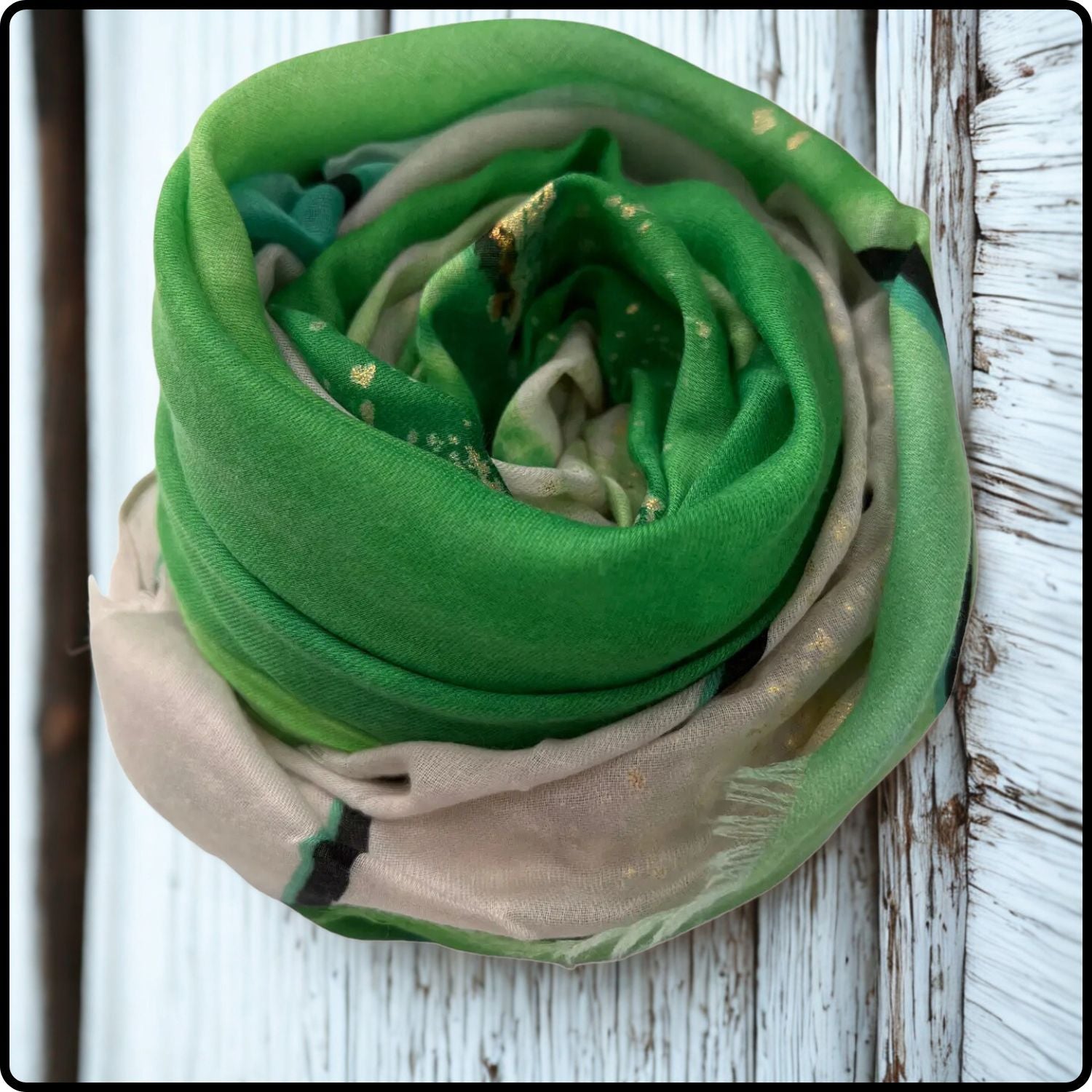 Ocean wave printed scarf with golden and silver patches in green-SOWG