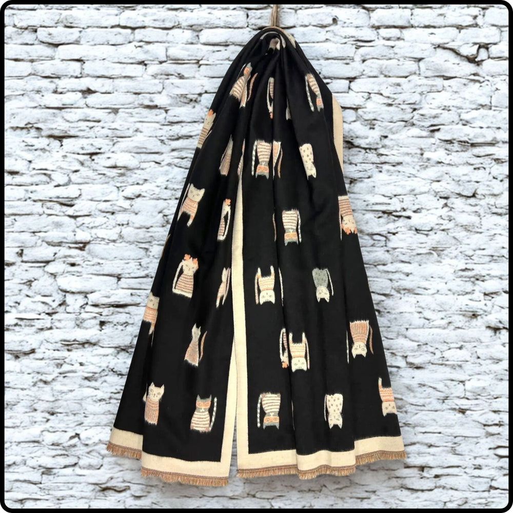 Cashmere blend cats print scarf in black- SCCB