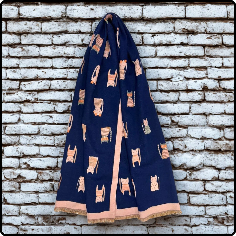 Wool blend cats print scarf in navy- SCCN