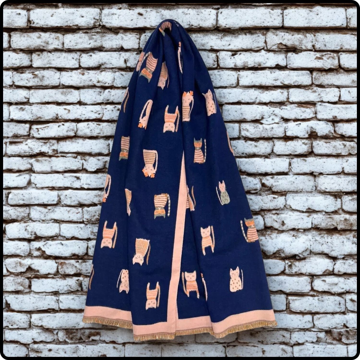 Wool blend cats print scarf in navy- SCCN