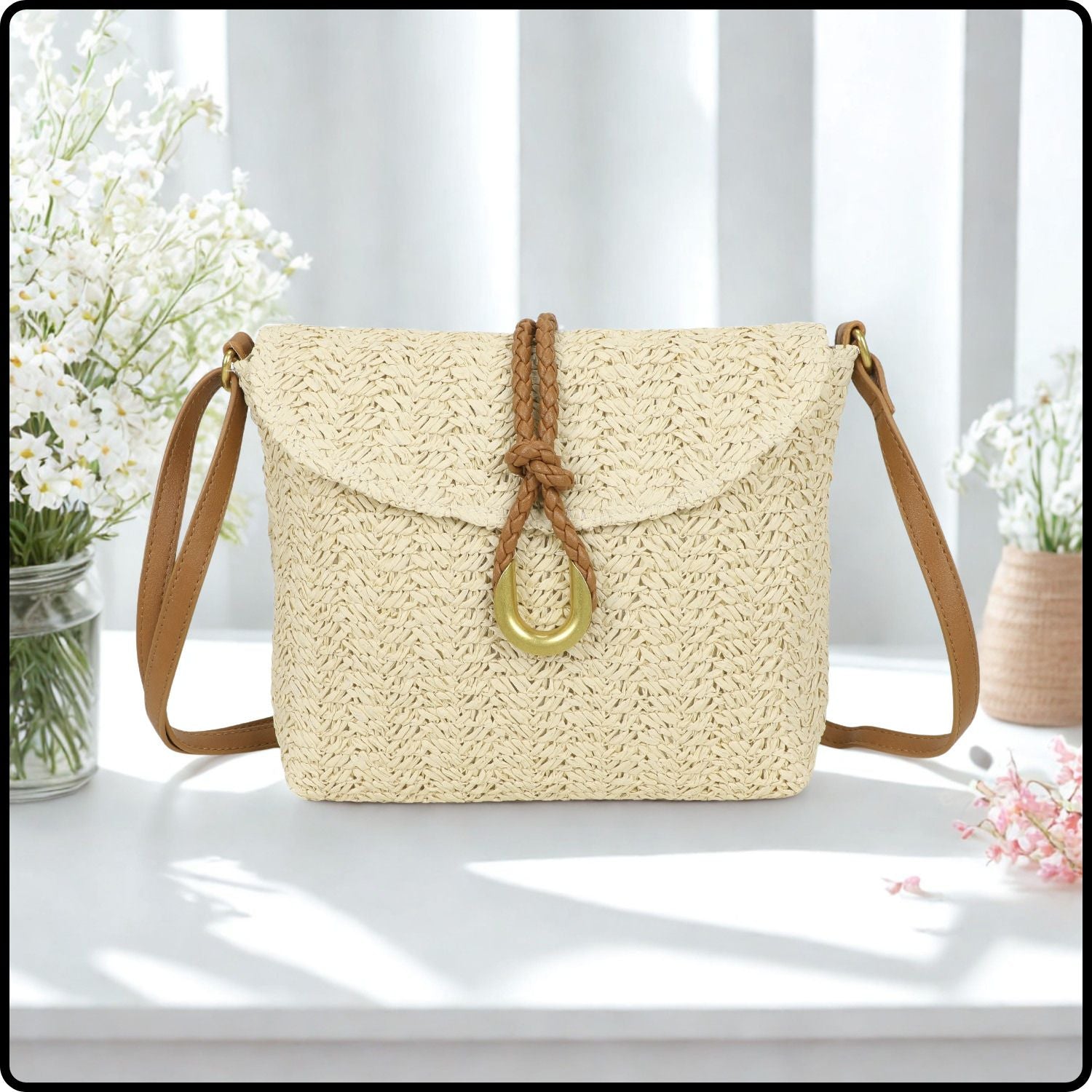 Straw Cross Body Bag -126-BEIGE