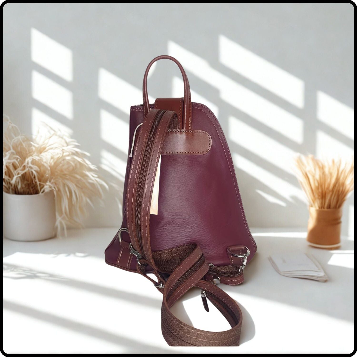 Small Soft Leather Backpack - VPB14-BURGUNDY/BROWN