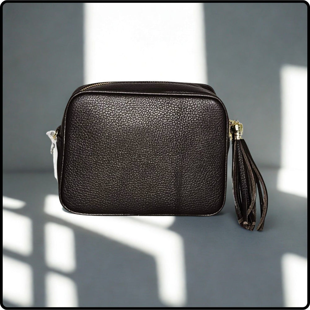 Leather Cross Body Bag Tassel- PS233-DARK CHOCOLATE