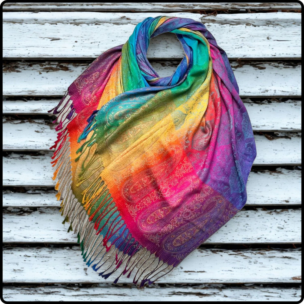 Rainbow Pashmina Paisley Print with Tassels in Turquoise-SPPT