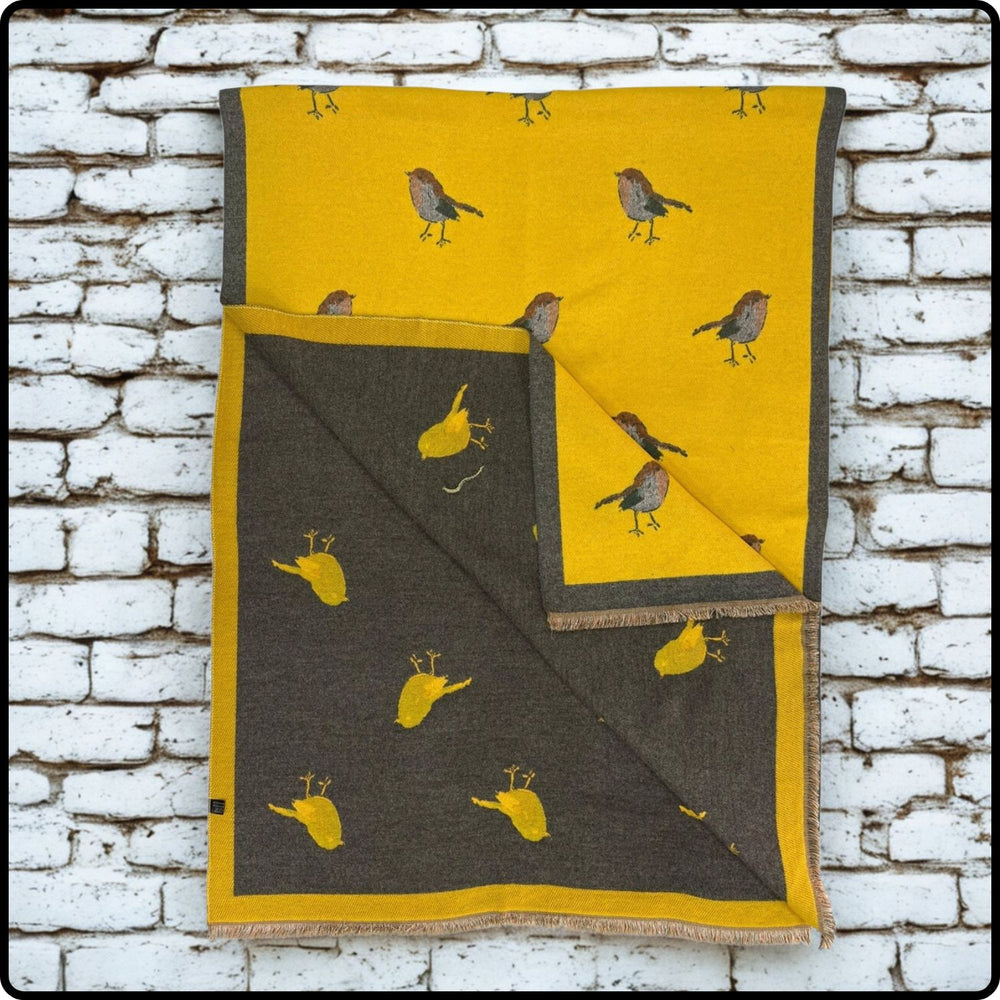 Robin embroidered print on reversible cashmere blend scarf in Yellow-RSCY