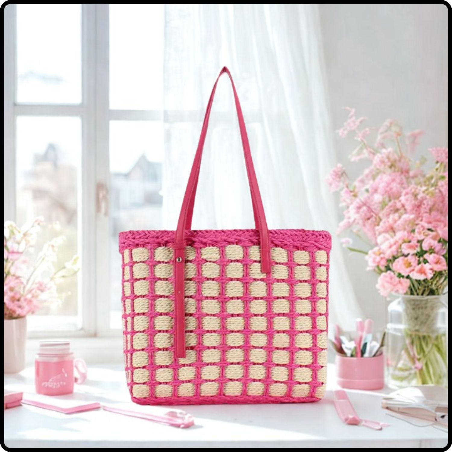 Large Paper Straw Checked Woven Braided Tote Bag-SCW-Pink