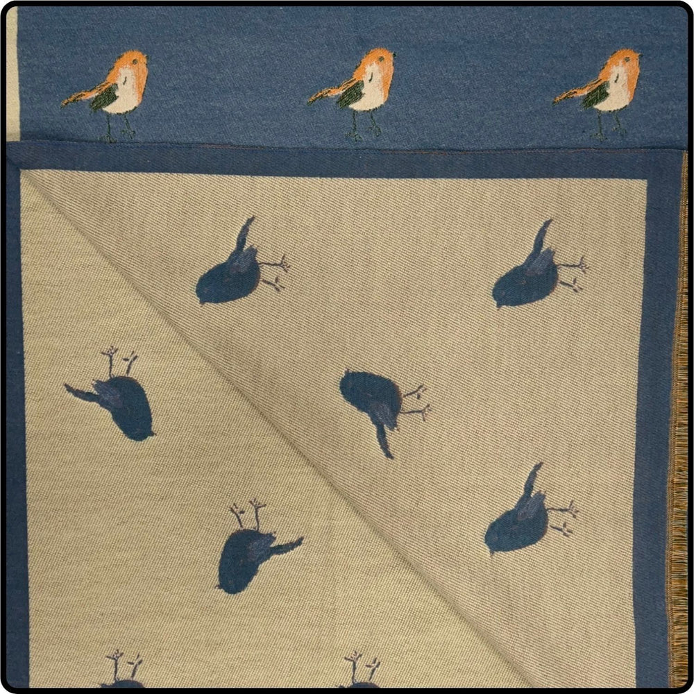 Robin embroidered print on reversible cashmere blend scarf in  Denim Blue-RSCD