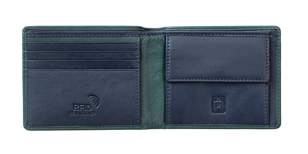 The Quinn Leather Bifold Wallet-3401/Green is an ideal choice for anyone looking for a sleek, stylish, and secure accessory. Its two tone design, bifold design, and RFID security offers an unparalleled combination of fashion and function. It also features 4 card slots, 2 note compartments, and a coin pocket to easily organize and store your essential items.  This item comes gift boxed.  11.5 x 9 x 3 cm