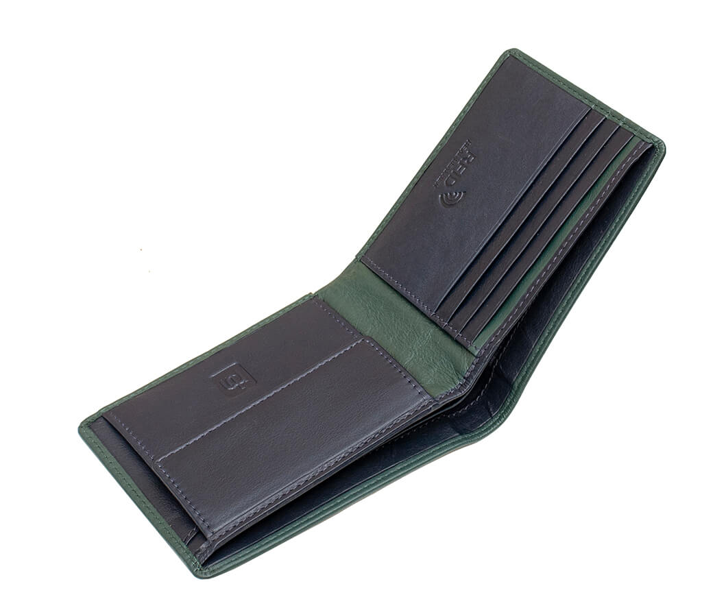 The Quinn Leather Bifold Wallet-3401/Green is an ideal choice for anyone looking for a sleek, stylish, and secure accessory. Its two tone design, bifold design, and RFID security offers an unparalleled combination of fashion and function. It also features 4 card slots, 2 note compartments, and a coin pocket to easily organize and store your essential items.  This item comes gift boxed.  11.5 x 9 x 3 cm