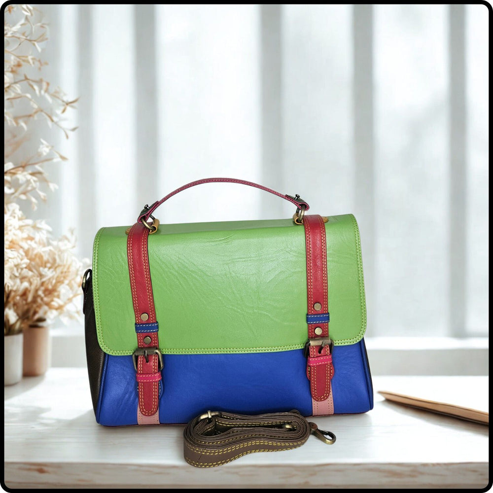 Handmade Recycled Leather Multicoloured Satchel-VKR-BLUE