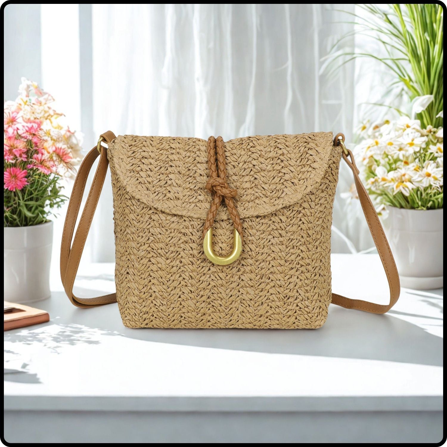 Straw Cross Body Bag -126-KHAKI