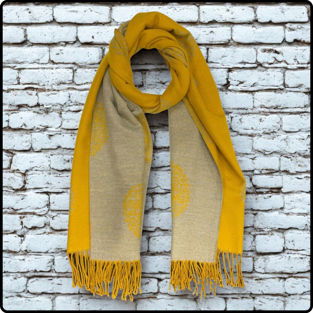 Tree of life print scarf on cashmere mix with tassels in Mustard-SCTM
