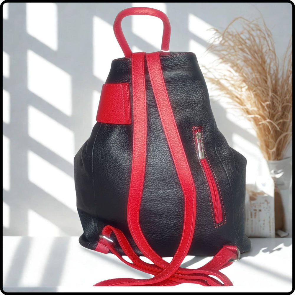 Large Pebbled Leather Lock Closure Backpack - VPR248-BLACK/RED