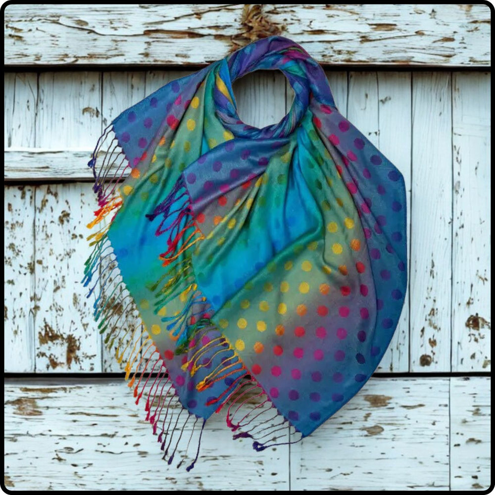 Rainbow Pashmina Dots Print with Tassels in Blue-SPBR