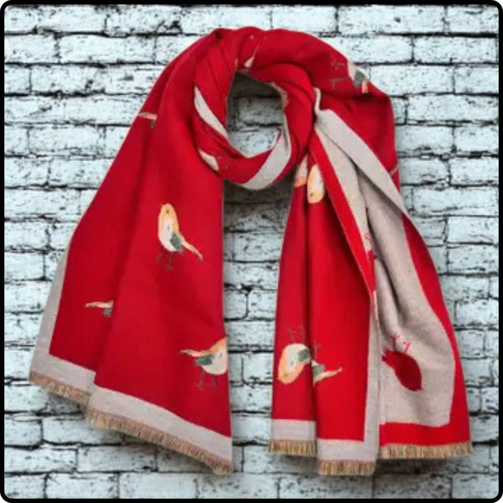 Robin embroidered print on reversible cashmere blend scarf in Red-RSCR