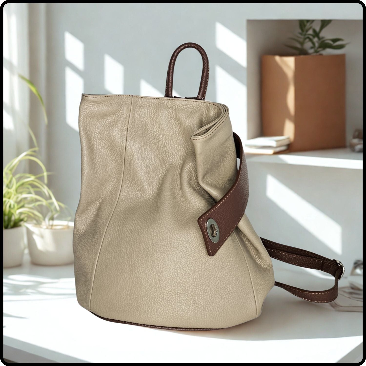 Large Pebbled Leather Lock Closure Backpack - VPR248-KHAKI/TAN