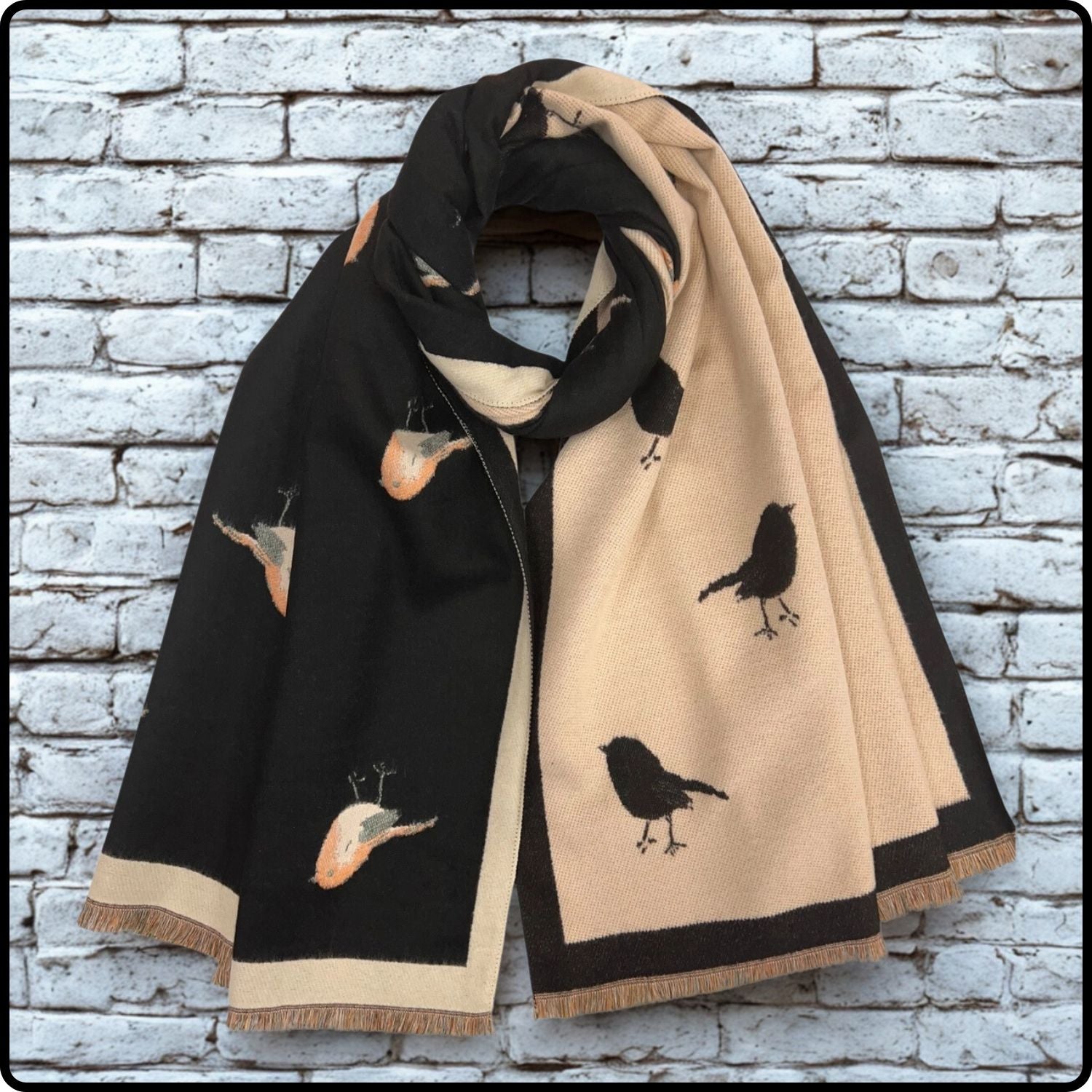 Robin embroidered print on reversible cashmere blend scarf in Black-RSCK