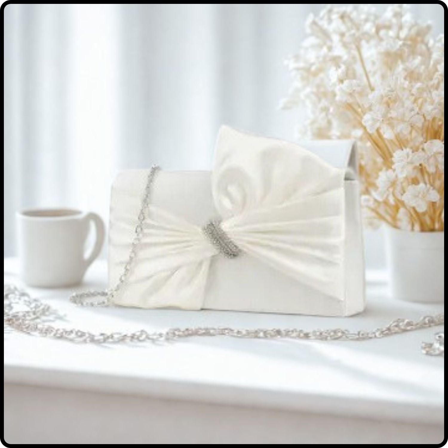 Pleated Knot Accent Clutch Bag with Chain Strap-KD-IVORY