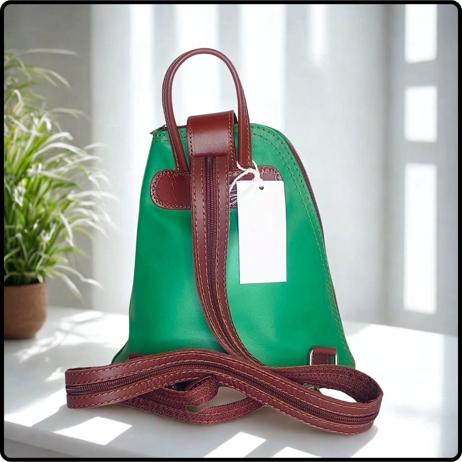 Small Soft Leather Backpack - VPB14-LIGHTGREEN/BROWN