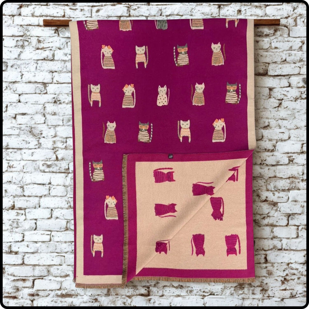 Wool blend cats print scarf in fuchsia- SCCF