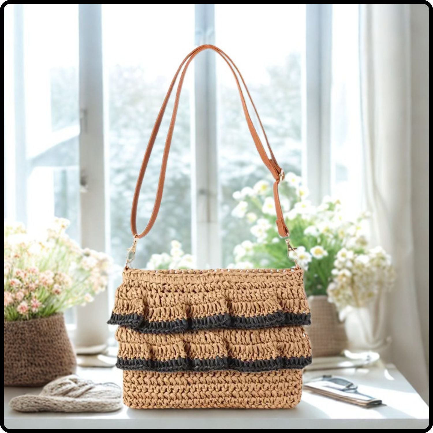 Frilled Paper Straw Cross Body Bag-FPS-BLACK
