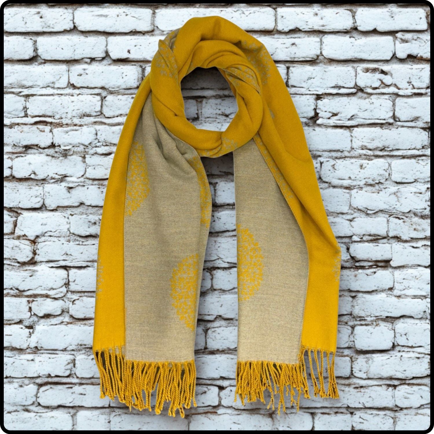 Tree of life print scarf on cashmere mix with tassels in mustard-SCTM