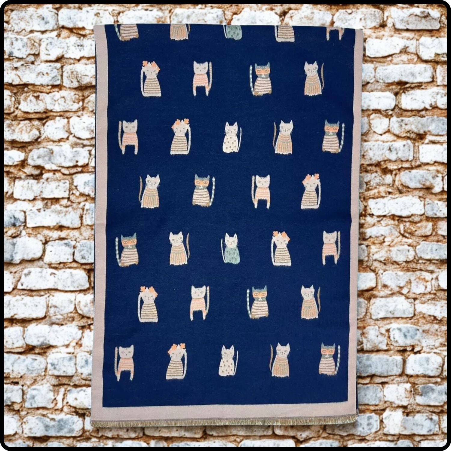 Wool blend cats print scarf in navy- SCCN