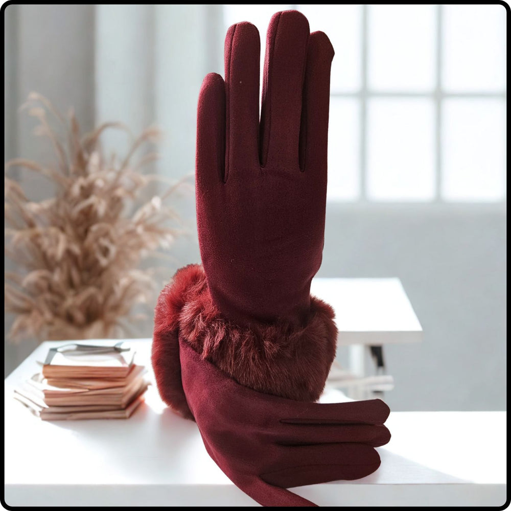 Faux Fur Suedette Fabric Touch Screen Gloves One Size in Burgundy-FGR