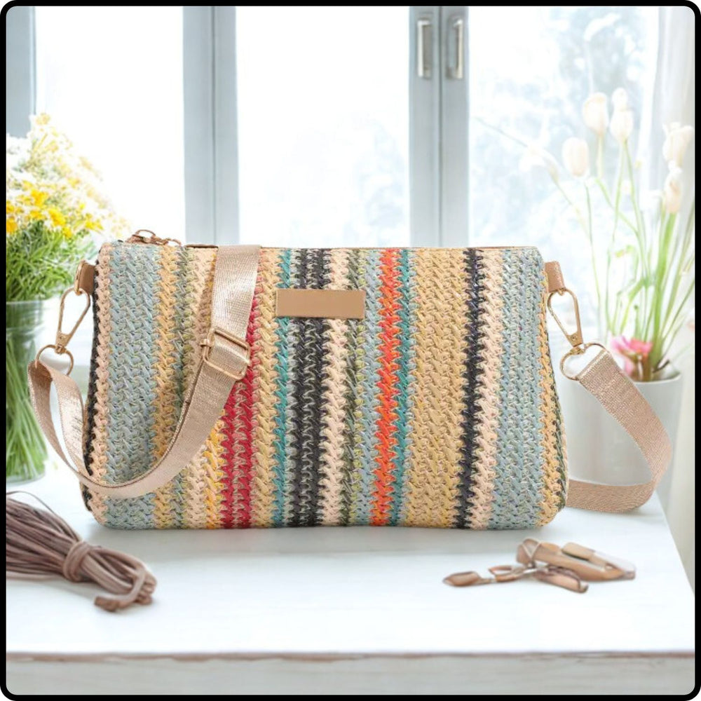 Multicoloured Straw Clutch Bag-SMC-Blue