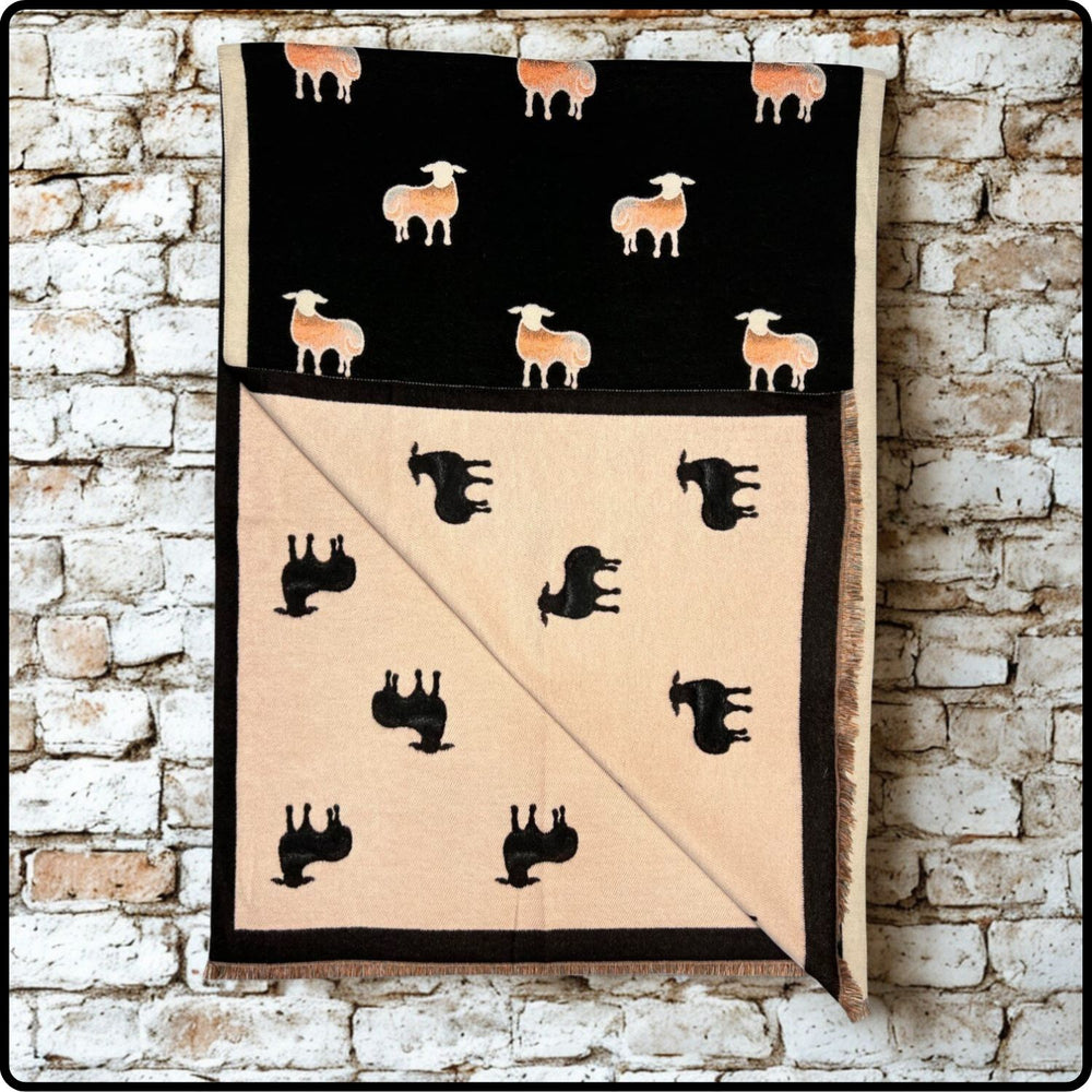Sheep Print on Cashmere Blend Scarf with Fringes in Black-SPCB