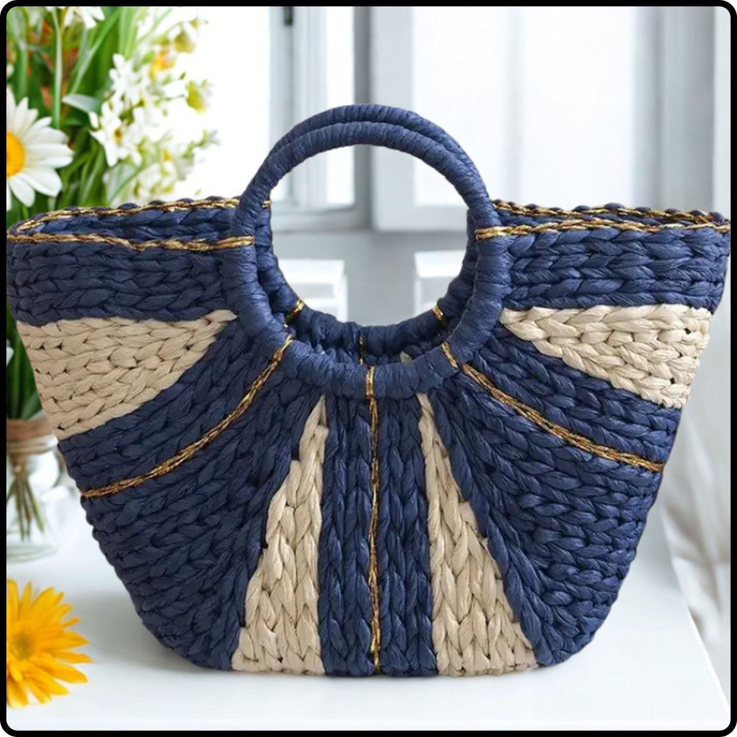 Woven Summer Bag with Gold Accents-SW-BLUE