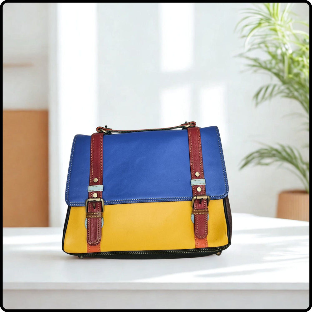 Handmade Recycled Leather Multicoloured Satchel-VKR-YELLOW