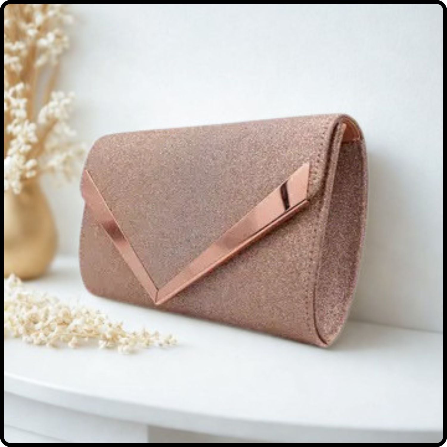Glitter Envelope Evening Clutch Bag with Chain Strap-KG-ROSE GOLD