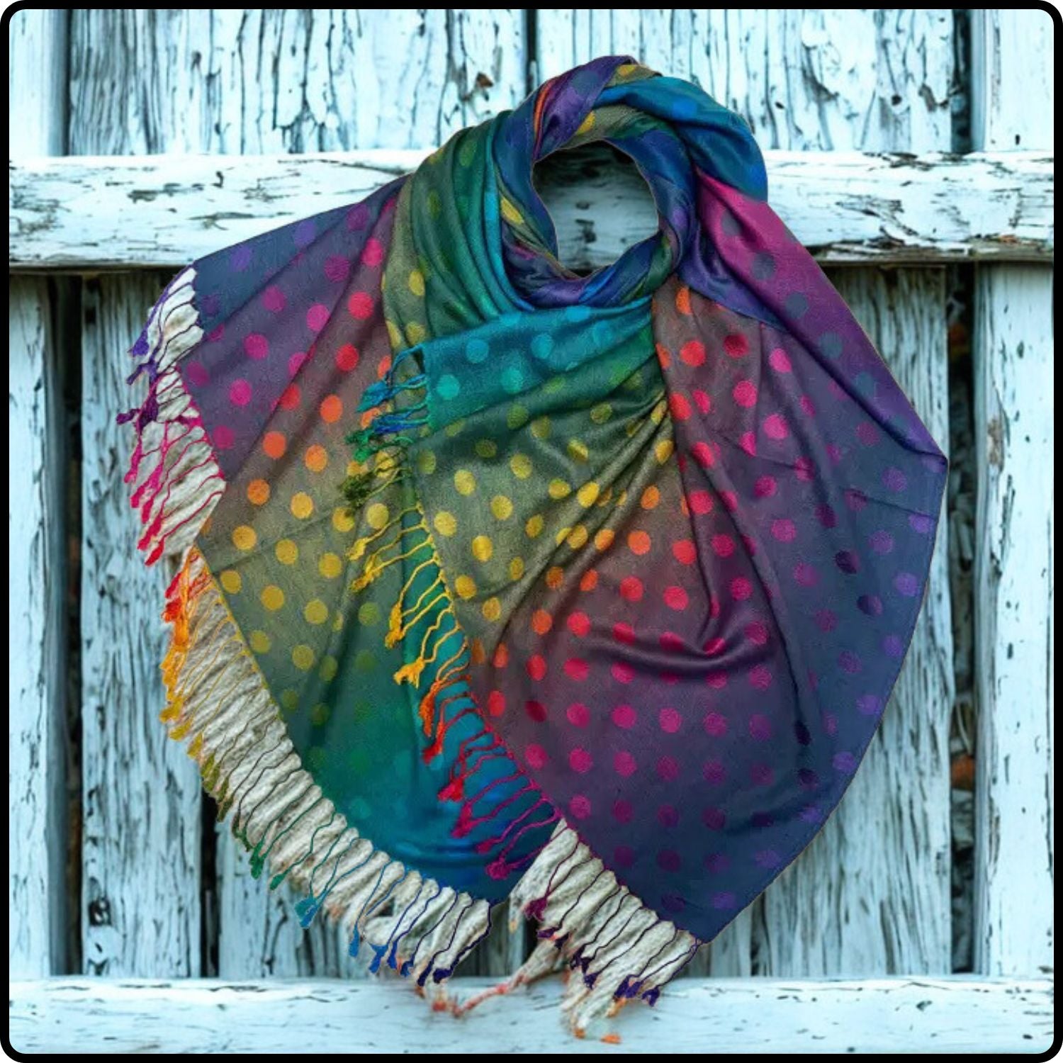 Rainbow Pashmina Dots Print with Tassels in Teal-SPTR