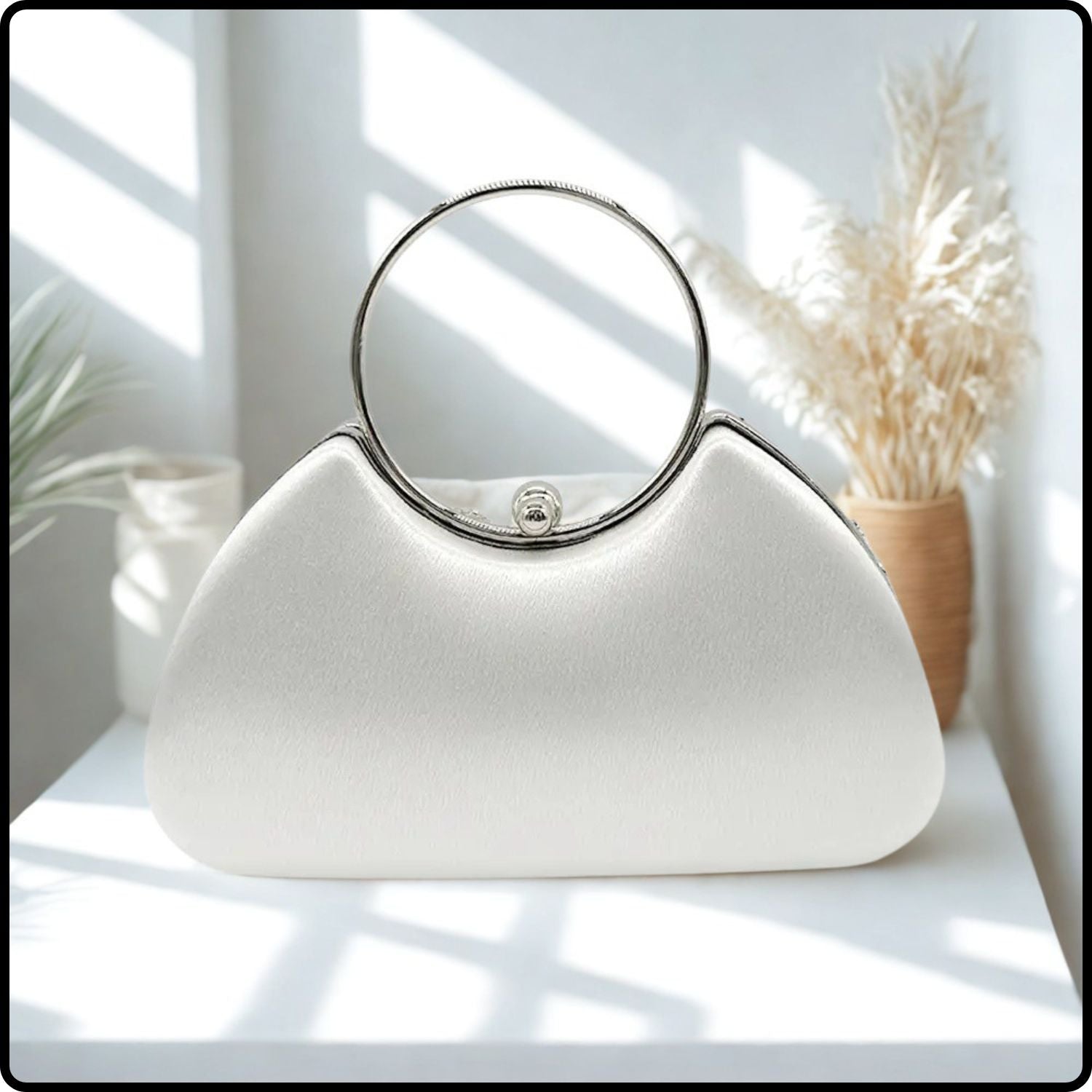 Floral Embellished Clutch Purse with Beading and Round Handle-KF-SILVER