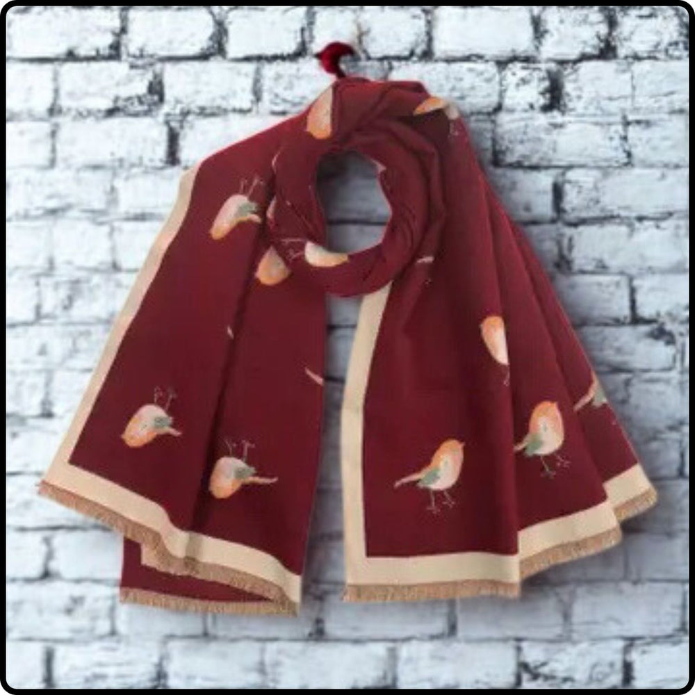Robin embroidered print on reversible cashmere blend scarf in Burgundy-RSCB