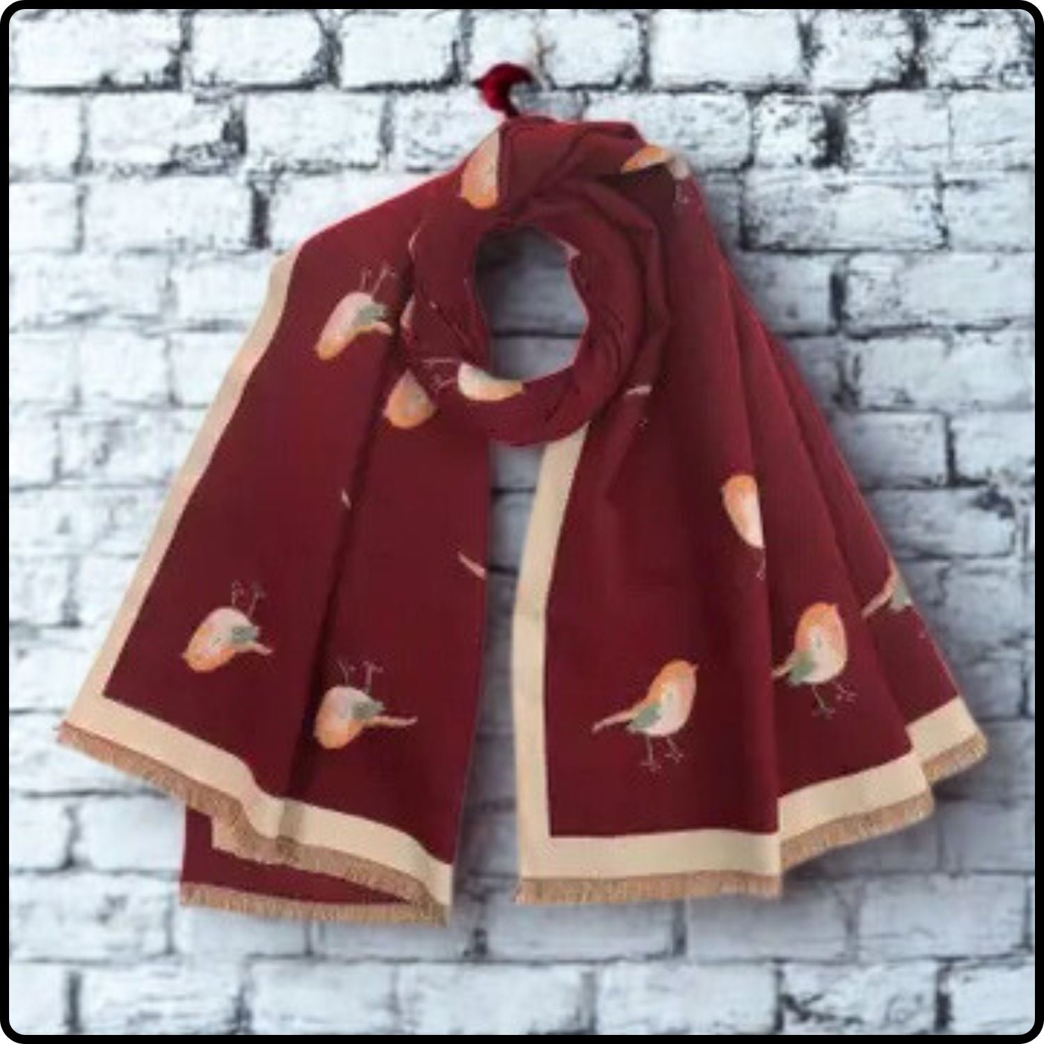 Robin embroidered print on reversible cashmere blend scarf in Burgundy-RSCB