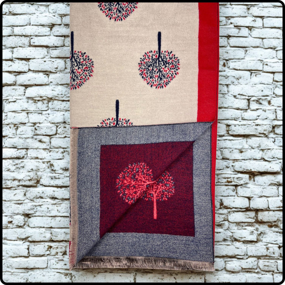 Tree of life two tone print scarf on cashmere mix with tassels in Burgundy/Cream-SCTC