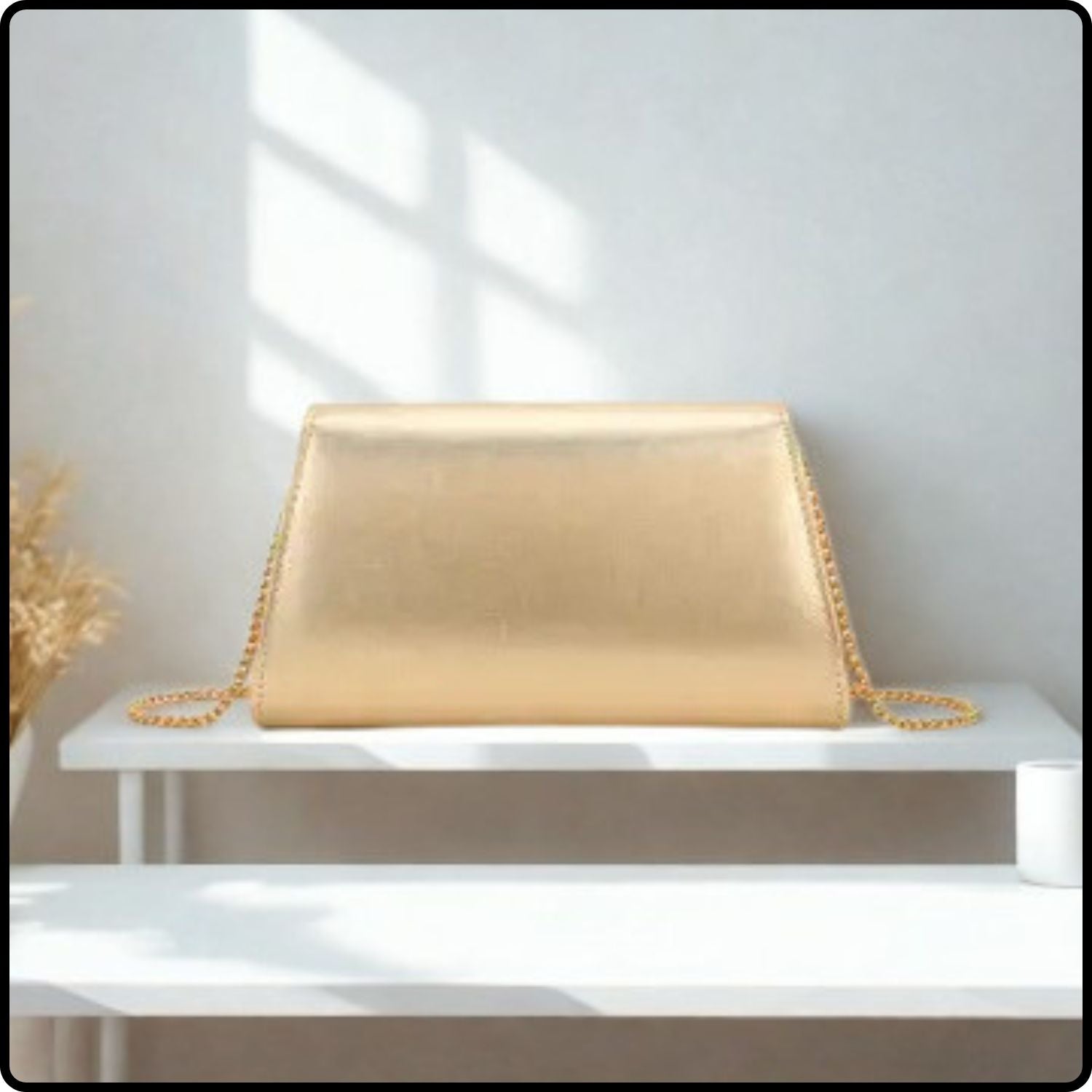 Clutch Bag with Metal Accent and Chain Strap-KK-CHAMPAGNE