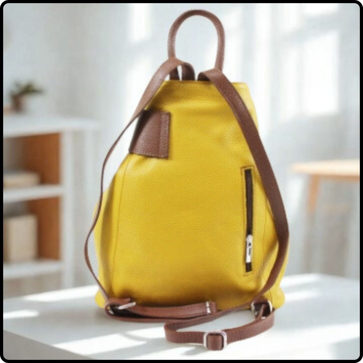 Large Pebbled Leather Lock Closure Backpack - VPR248-YELLOW/TAN