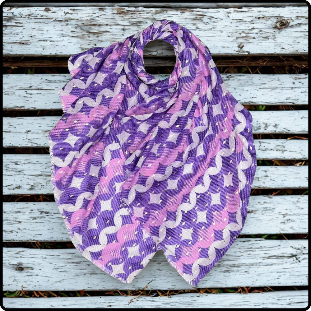 Retro  Print Scarf with Stars in Purple-SCSU