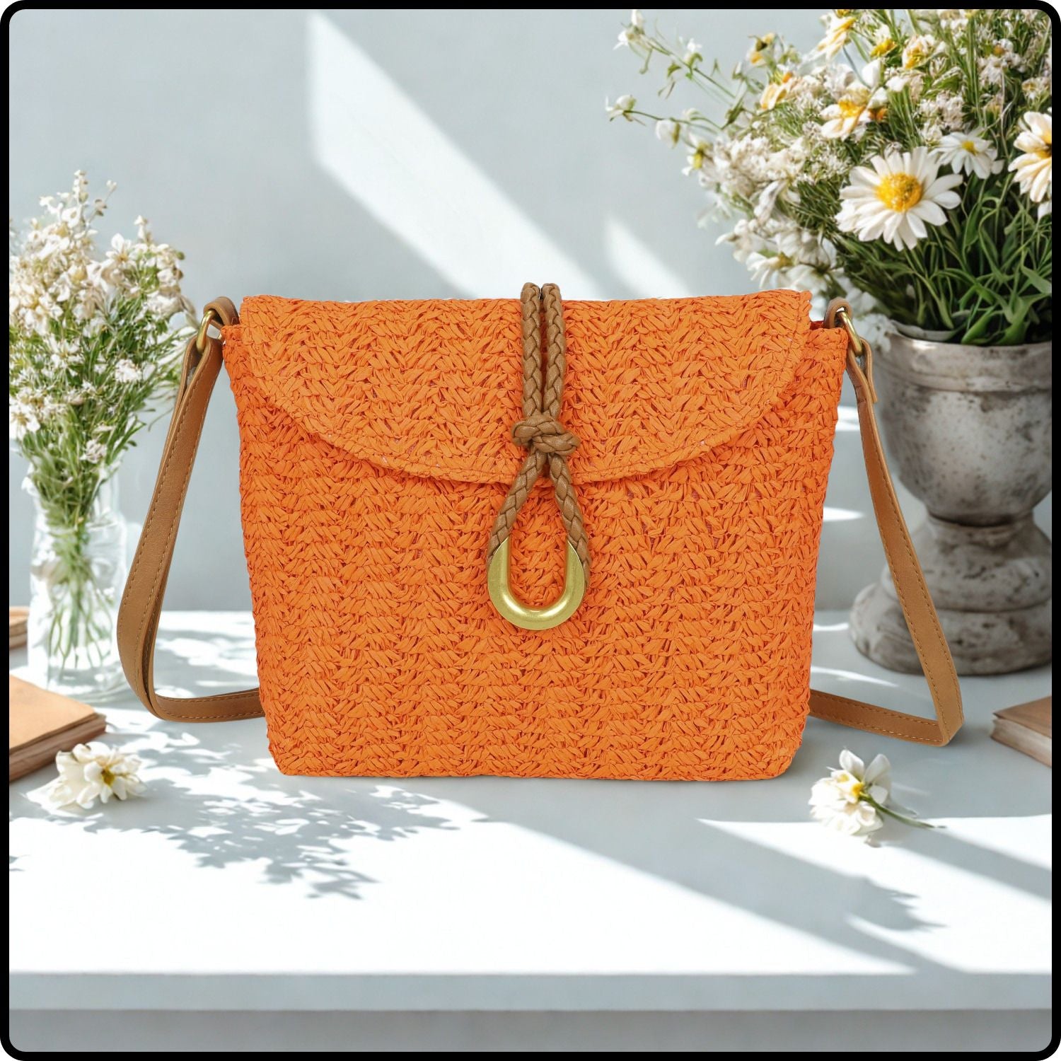 Straw Cross Body Bag -126-ORANGE