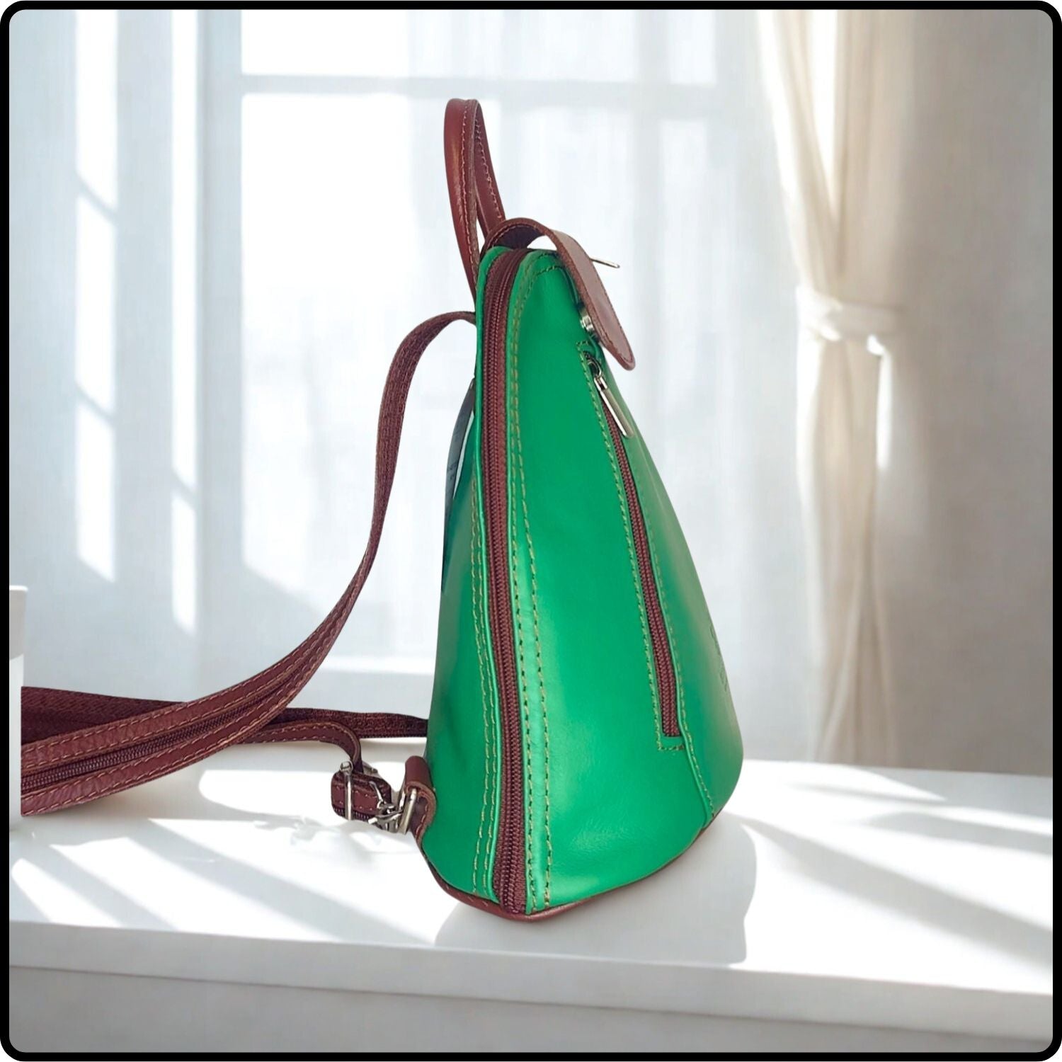 Small Soft Leather Backpack - VPB14-LIGHTGREEN/BROWN