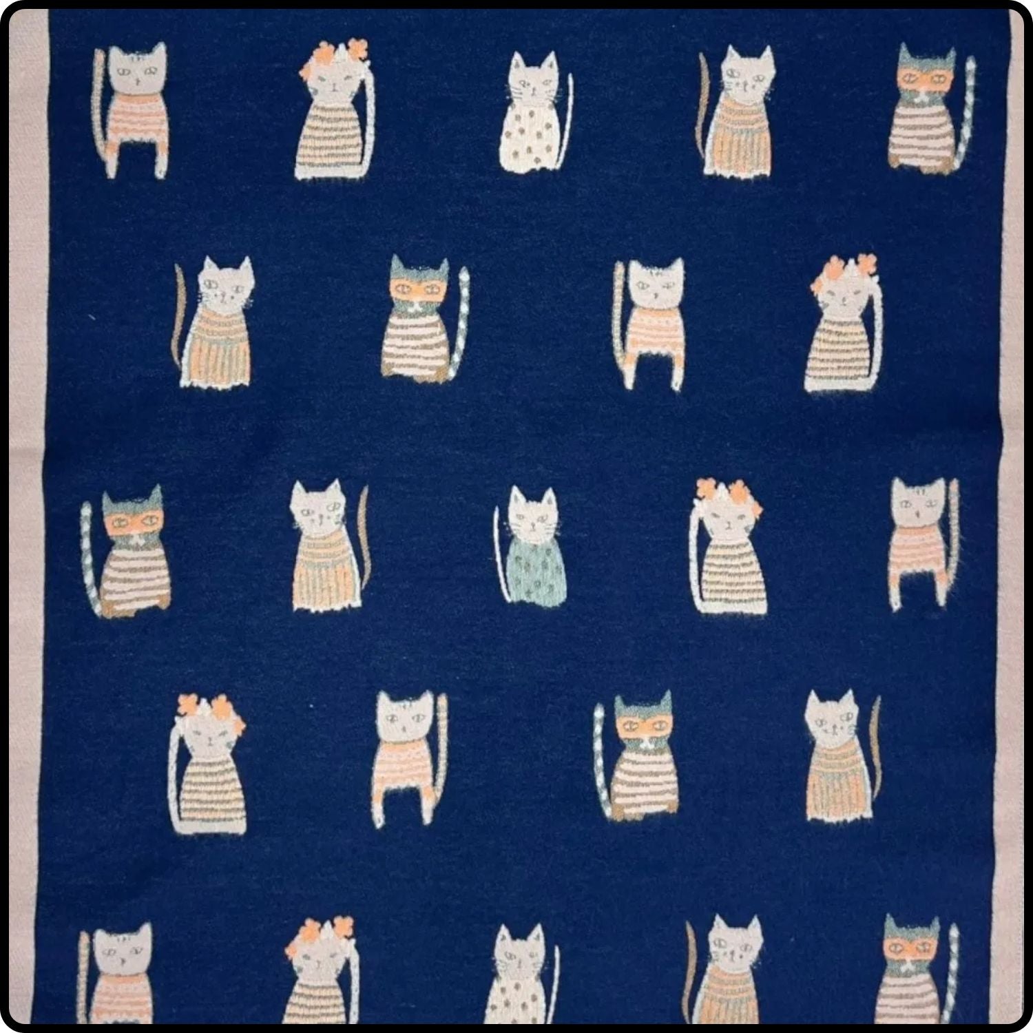 Wool blend cats print scarf in navy- SCCN